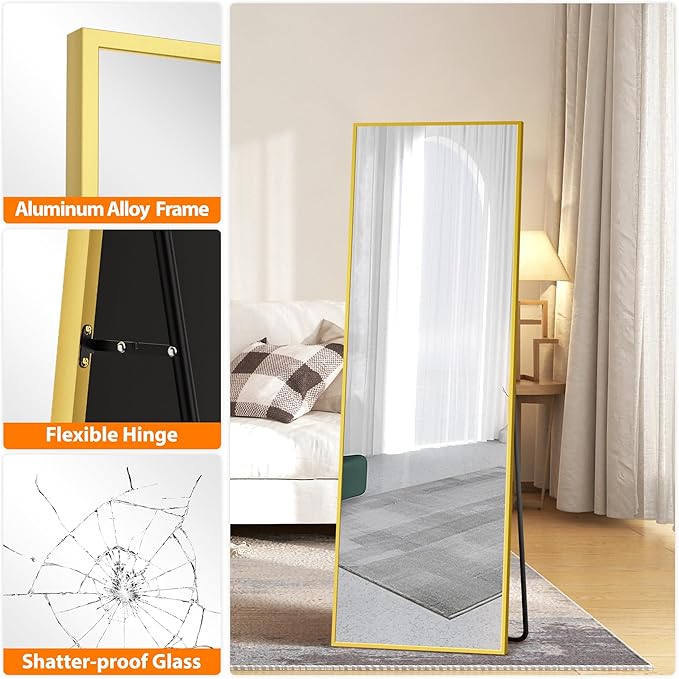 TRAHOME Standing Mirror Full Length Mirror,15" x 56" Large Floor Mirror with Aluminium Frame for Door Bedroom Bathroom Living Room(Gold)