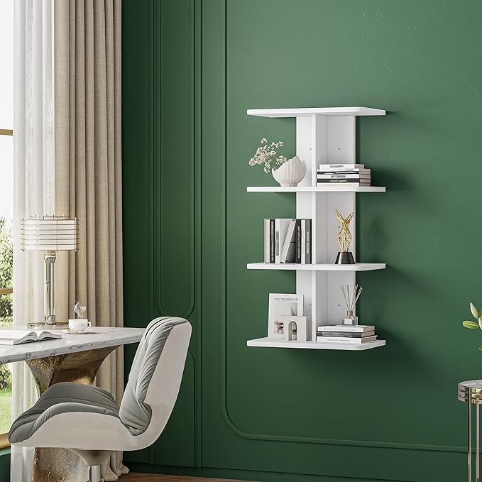 REIBII 4 Tier Wall Shelves, Vertical Column White Floating Shelves for Room Decor, Wall Mounted Shelves for Vanity, Bedroom, Living Room, Office