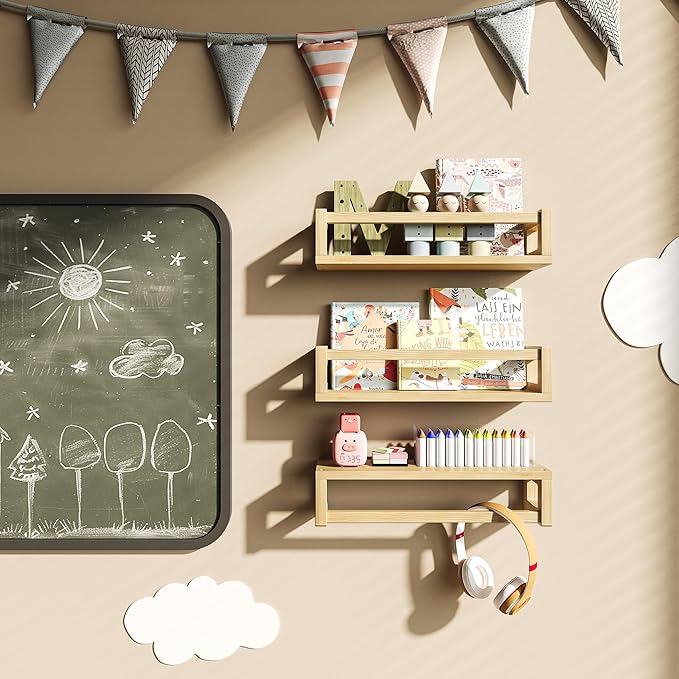 TidyCorner Upgraded Thick Floating Shelves - Multi-Use Wall-Mounted Bookshelves for Kids and Nursery, Ideal for Books, Toys, Spice Rack, Decor - NaturalWood