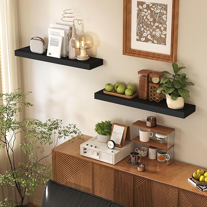 BAMEOS Bamboo Floating Shelves Wall Mounted Wooden Shelves with Invisible Brackets Set of 2, Hanging Wall Decor for Bedroom, Bathroom, Living Room and Kitchen