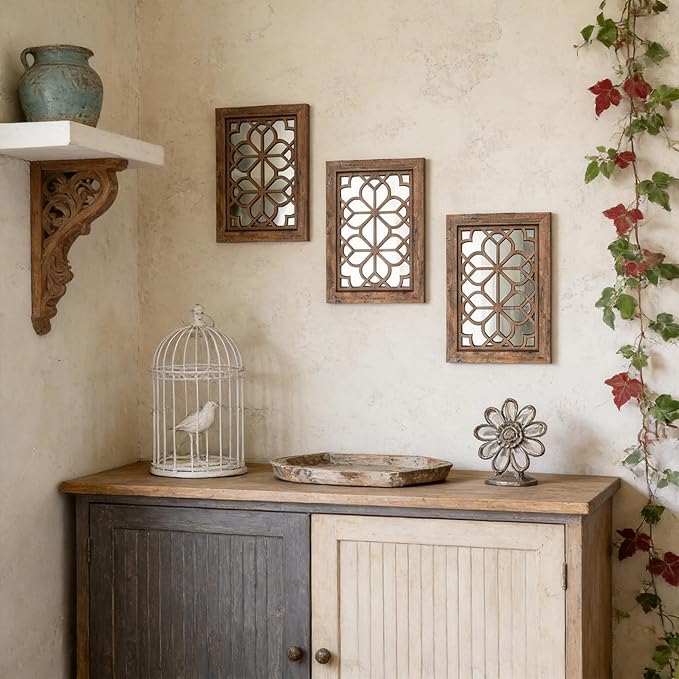 Set of 2 11x15 Inch Rectangular Shatterproof Redbrown Decorative Wall Mirrors, Boho Farmhouse Rustic Vintage Accent Mirrors for Living Room Bedroom Entryway & Home Decor