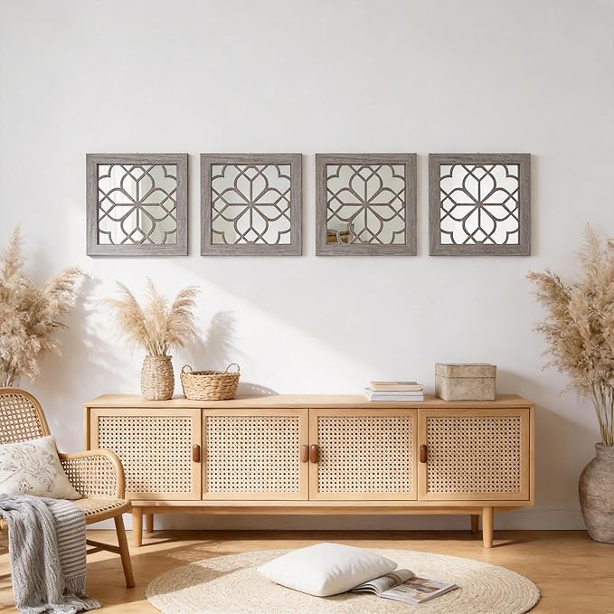 Set of 2 14 Inch Square Brown Window Pane Wall Mirrors, Shatterproof Rustic Farmhouse Boho Vintage Accent Mirrors for Living Room Bedroom Bathroom Entryway