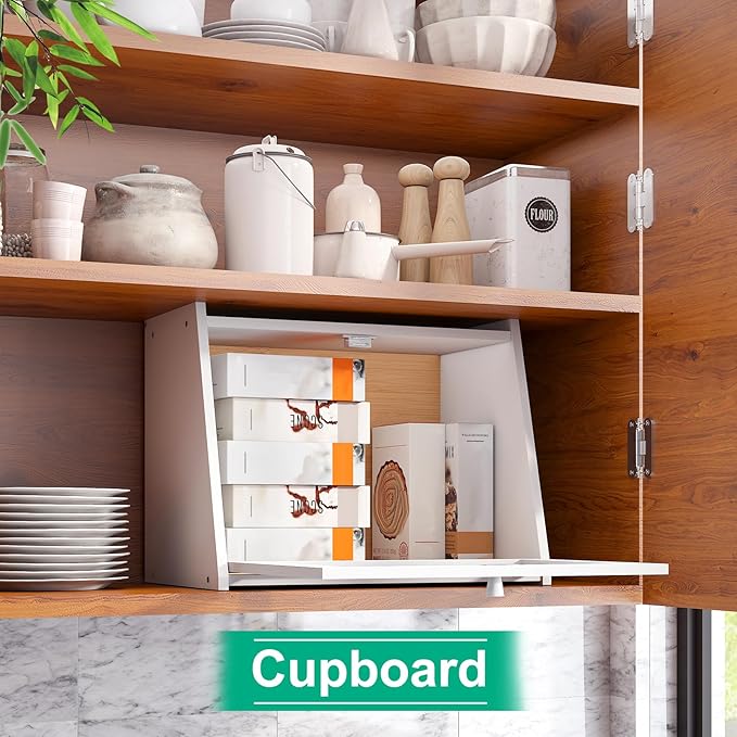 kiplant Large Bread Box for Kitchen Counter, White Bamboo Bread Storage Container with Wavy Arcylic Transparent Door, Bamboo Wooden Farmhouse Bread Box for Your House