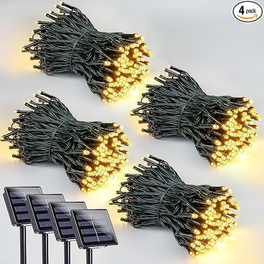 4 Pack 400 LED Solar String Lights for Outside, Solar Christmas Lights Outdoor with 8 Lighting Modes, Waterproof Green Wire Solar Powered Tree Light for Xmas Party Yard Garden Decorations (Warm White)