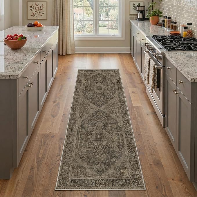 GENIMO 5x7 Area Rugs for Living Room, Machine Washable Non Slip Vintage Rugs, Low Pile Lightweight Chenille Print Rug for Bedroom, Dining Room, Home Office, Vintage Chocolate