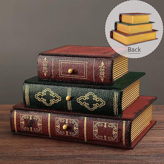 POWER UNICO FLOWER Vintage Decorative Organizer Wooden False Book Storage Box Jewelry Box with Three-layer Drawers (312)