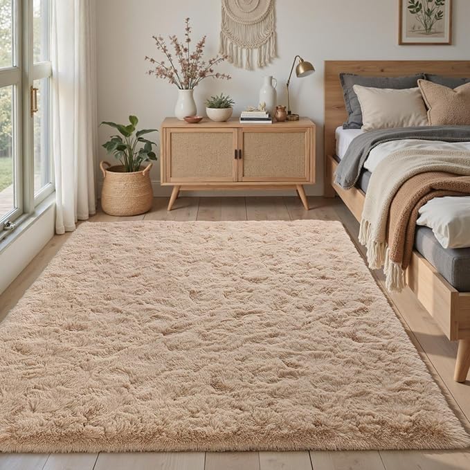 Bedroom Rugs Fluffy Neutral 3x5 Beige Area Rug, Modern Plush Non-Slip Soft Living Room Shag Carpet for Book Room Office,Coffee Stain Resistant