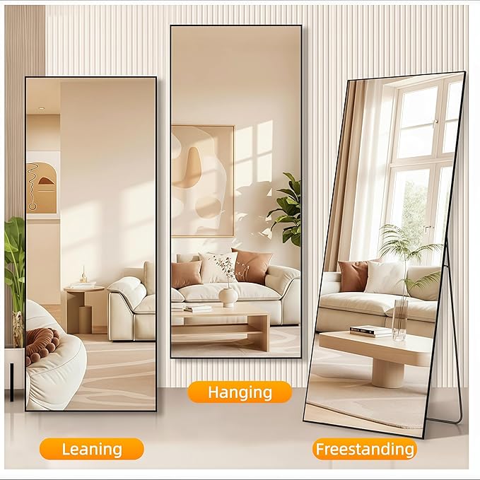 Full Length Mirror 71"x30"Rectangle with Stand Aluminum Alloy Frame Wall Mountable Tempered Glass Full Body Mirror, Standing Hanging or Leaning Against Wall for Bedroom and Living Room Black