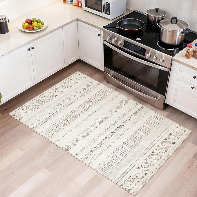 cotiled 3x5 Area Rug Living Room: Washable Boho Rugs with Non Slip Backing Small Soft Indoor Stain Resistant Carpet for Bedroom Farmhouse Dining Room Lightweight Home Decor L Brown/Cream