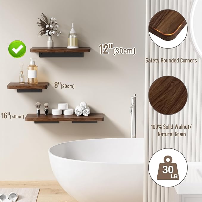 Danpoo 12 inch Solid Walnut Floating Shelf - Versatile Wall Shelf for Kitchen, Bathroom, Office, Displaying Books, Decor, and Plants