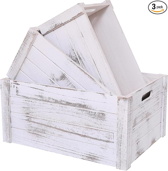 Farmhouse Antique White Wooden Crate For Storage,Rustic Decorative Boxes,Set Of 3 Extra Large Nesting Wooden Storage Crates For Home Decor,Handmade Natural Solid Wood Box (Rustic White)
