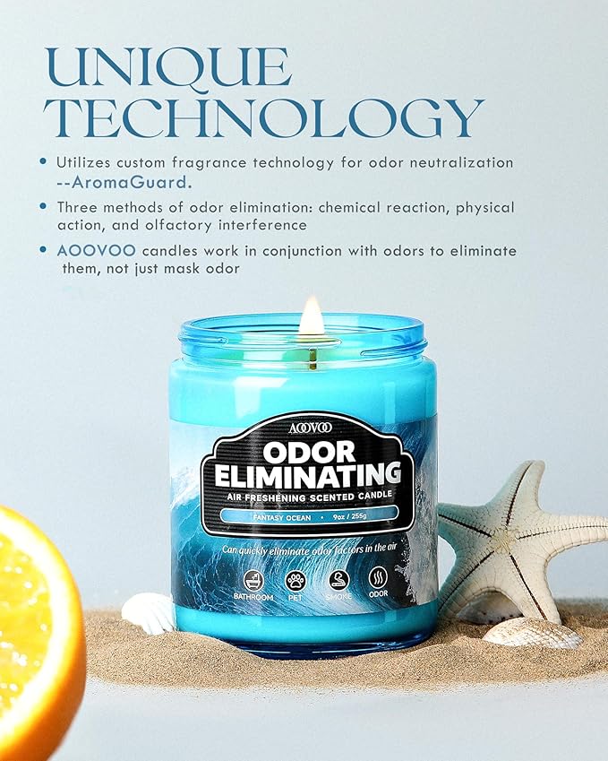 AOOVOO 4 Pack Fantasy Ocean/Green Apple Odor Eliminating Highly Fragranced Candle - Eliminates 95% of Pet, Smoke, Food, and Other Smells Quickly, Non Toxic Air Freshing Soy Candle