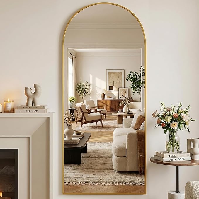 Suidia 76"x34" Arched Full Length Mirror with Stand, Full Body Mirror with Aluminum Frame, Freestanding/Leaning/Wall-Mounted, Floor Mirrors for Bedroom, Living Room, Entryway, Dressing Room, Gold