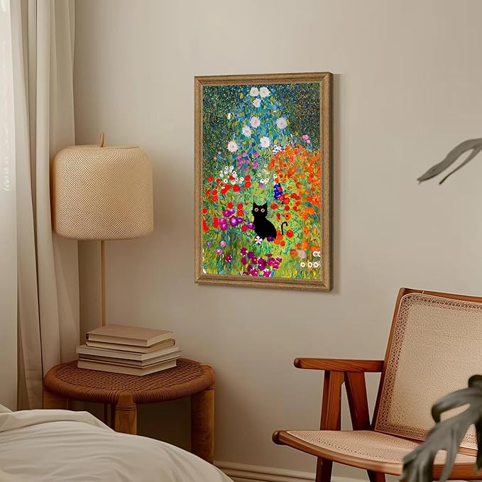 Fantasy Artists Gustav Klimt Canvas Wall Art, Framed Aesthetic Cat Floral Wall Decor, Garden Flower Black Cat Poster Paintings for Living Room Bedroom Bathroon, Dorm Home Decorations, 20" X 30"