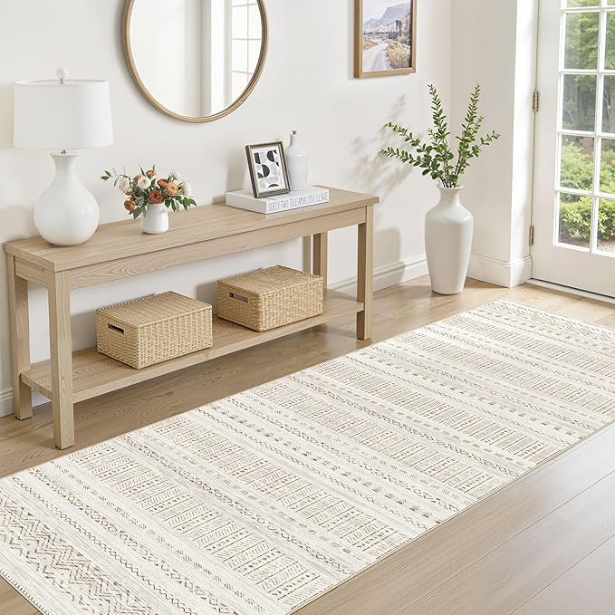 cotiled Hallway 2.6x8 Runner Rugs: Washable Boho Rugs with Non Slip Backing Large Soft Indoor Low Pile Carpet for Living Room Bedroom Farmhouse Dining Room Lightweight Home Decor Brown/Cream
