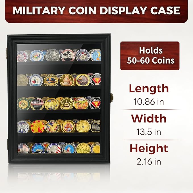 ASmileIndeep Military Challenge Coin Display Case Holder with HD Toughened Glass and Wall Mount, Wooden Coin Stand Rack with Removable 2 Grooves Shelves for Poker Chips Collectibles, Black…