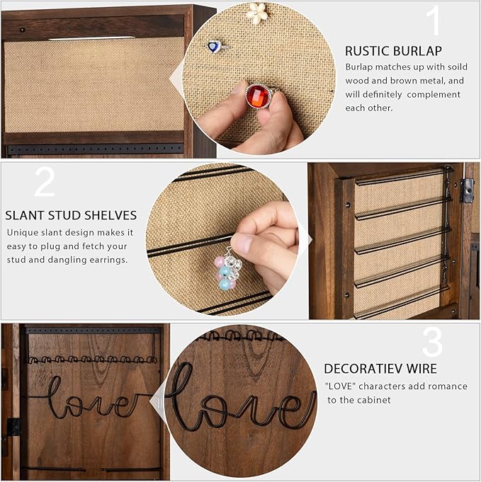 SRIWATANA Jewelry Organizer, Wall/Door Mounted Jewelry Armoire Cabinet with Mirror, Solid Wood(Dark Brown)