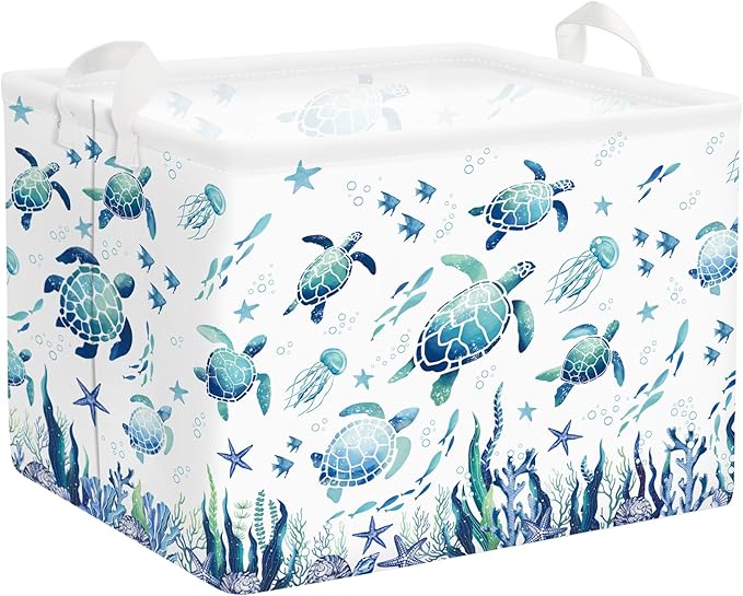 Sea Animals Laundry Hamper Ocean Fish Coral Large Storage Basket Parents Organizer Kids Clothes Toy Bins for Bedroom, Bathroom, Blue Turtles, 36L
