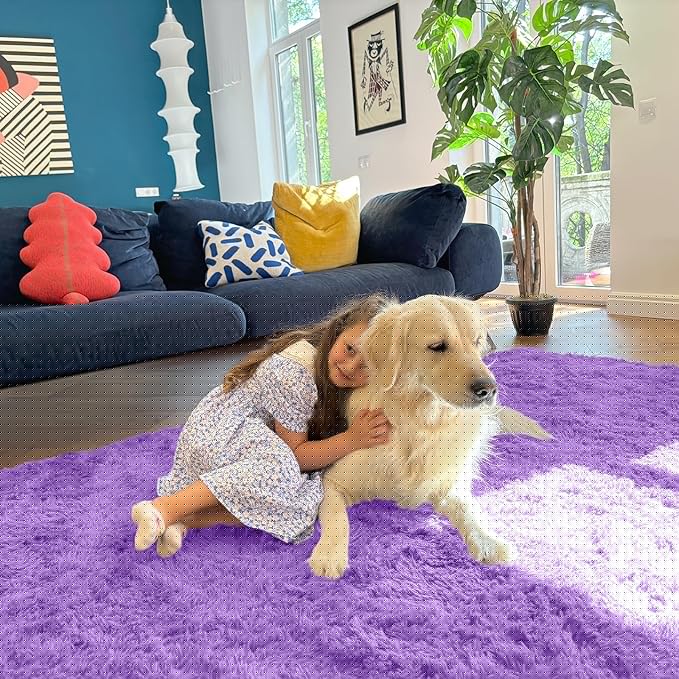 OLANLY 6x9 Machine Washable Large Area Rugs for Living Room, Bedroom, Soft Fluffy Shaggy Bedside Rug, Indoor Floor Carpet for Kids Girls and Boys, Dorms, Nursery, Home Decor Aesthetic, Purple