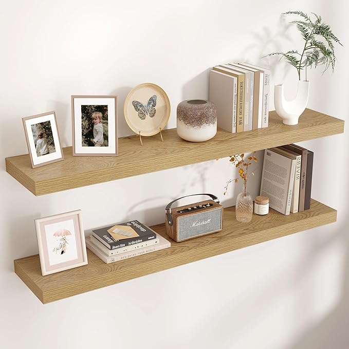 Venusmiles Floating Shelves for Wall, Engineered Wood Wall Shelves with Invisible Brackets for Living Room Bedroom Bathroom Office Kitchen Decor and Storage (Oak, 48" W x 9" D x 1.5" H) Set of 2