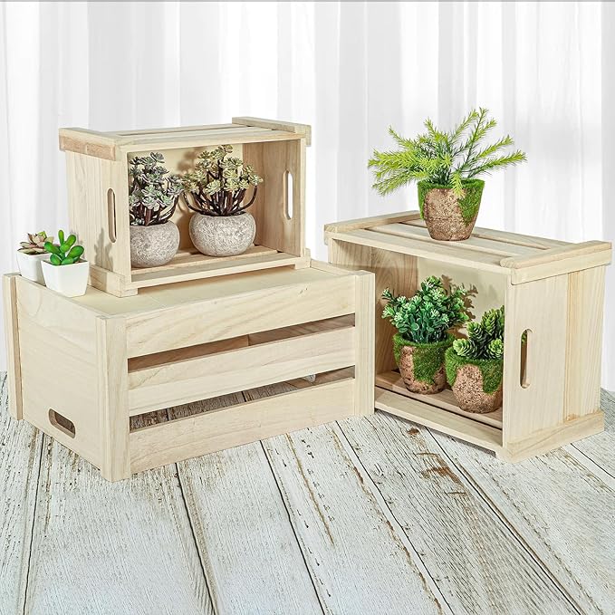 Wooden Crate,Large Nesting Wood Crates with Handles , Decorative Hand Crafted Box Rustic boxes Storage Container for Display, Decor, 2 Side Wooden Clauses. Baskets-Burlywood，Set of 3