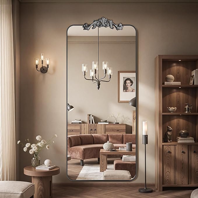 Vintage Full Length Mirror, 71"x28" Floor Mirror with Carved, Full Body Mirrors for Home Decor, Standing/Hanging Large Wall Mirrors for Bedroom/Living Room/Entryway, Black, Retro Style