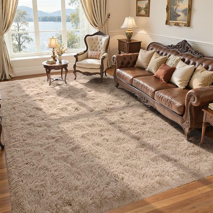 6x9 Living Room Rugs Fluffy Neutral Beige Area Rug,Modern Plush Non-Slip Soft Bedroom Shag Carpet for Book Room Office,Coffee Stain Resistant
