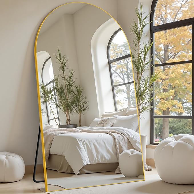 Suidia 82"x44" Arched Full Length Mirror with Stand, Full Body Mirror with Aluminum Frame, Freestanding/Leaning/Wall-Mounted, Floor Mirrors for Bedroom, Living Room, Entryway, Dressing Room, Gold