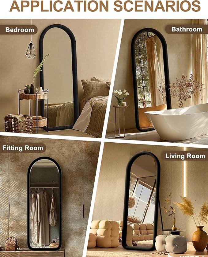 Delma Arched Full Length Mirror, Free Standing Floor Velvet Finish Frame Mirror for Leaning or Hanging, Soft Touch Bedroom & Living Room Decor, Black