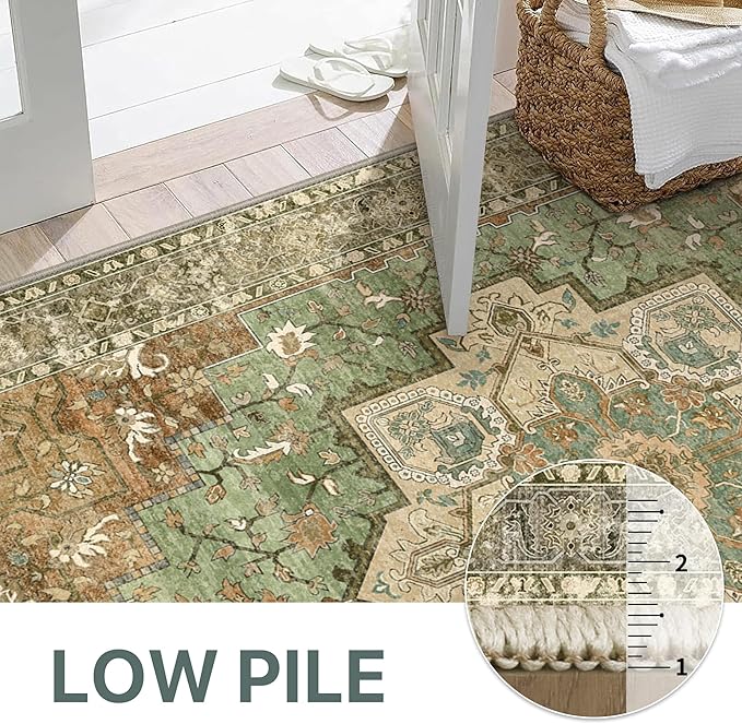 GENIMO 2'6"x6 Runner Rugs for Hallway, Machine Washable Non Slip Vintage Rugs, Low Pile Lightweight Soft Print Rug for enrtyway, Corridor, Home, Office, Kitchen, Muted Green Brown