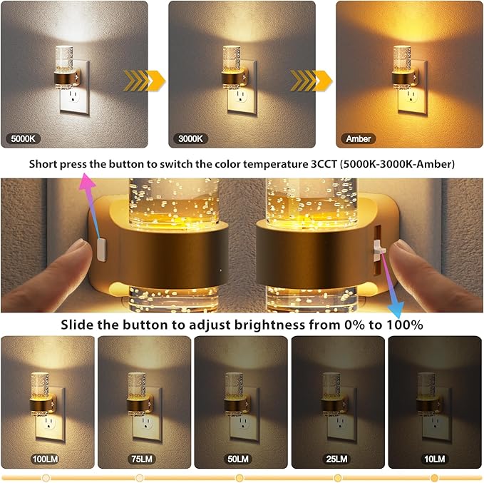 JandCase Night Lights Plug into Wall, Gold Night Light with 3 Colors, 2 Pack Dimmable Plug in Nightlight, Dusk to Dawn Sensor, Adjustable Brightness, 3000K/5000K/Amber for Bathroom Hallway Home Decor