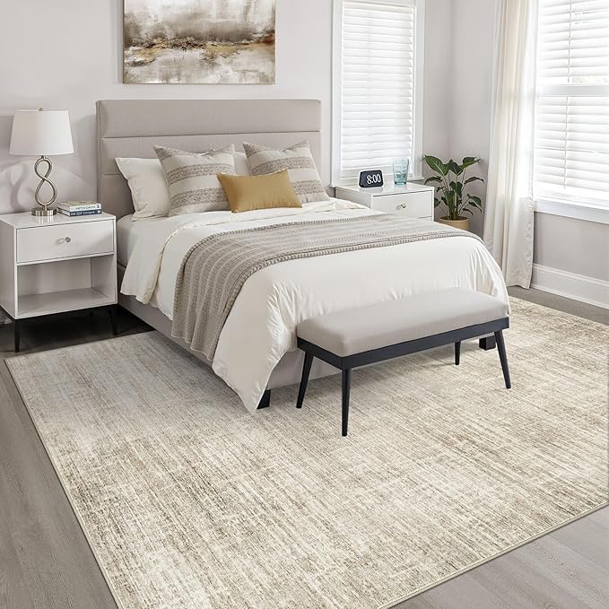 4x6 Rug Washable Area Rugs: Neutral Abstract Soft Modern Stain Resistant Small Indoor Floor Non-Slip Low Pile Throw Carpet for Entryway Kitchen Bedroom Nursery Kids Office Playroom Home House- Beige