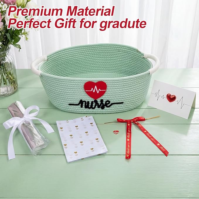 Colingmill 2026 Graduations & Nurses Week Gift Basket Empty to Fill, Woven Rope Basket 15" x 11" x 6" Decorative Storage Baskets with Gift Bag, Bow, Tissue Paper & Year Charm(Mint Green)