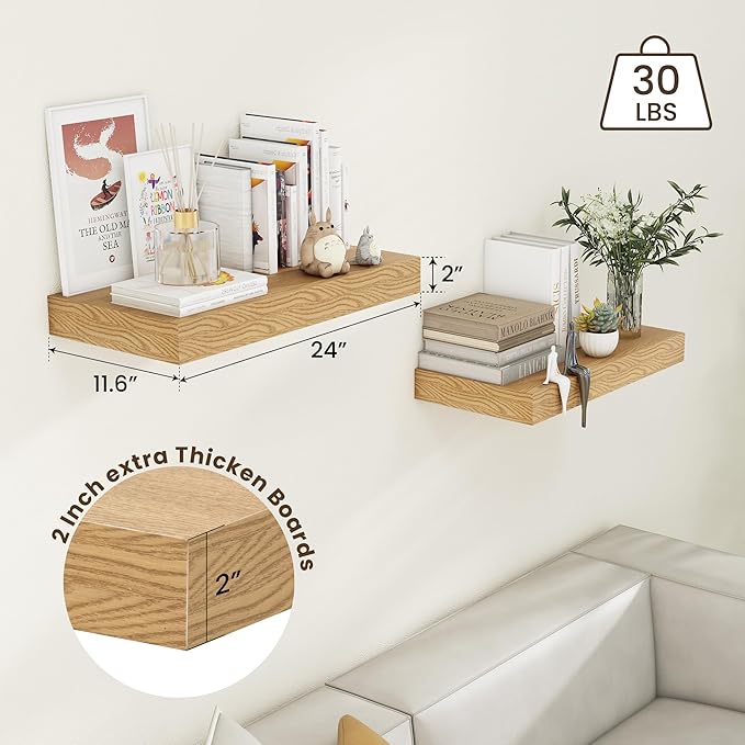 FLYJOE Deep Floating Shelves | 24 Inch Oak Floating Shelves Set of 2 | 12 Inch Deep Rustic Wood Shelves for Wall | 24" W x 12" D Oak Shelves for Living Room Bathroom Laundry Room Kitchen