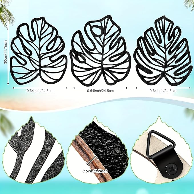 Palm Leaves Wood Wall Decor , 3Pcs Tropical Wall Art Jungle Decor, Wooden Natural Leaves Plant Wall Decor, Vintage Tropical Plant Plaque for Home Living Room Kitchen Bedroom Bathroom & Garden, Black