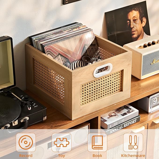 LELELINKY Vinyl Record Storage Crate, Rattan Vinyl Record Holder with Handle, Natural Wood Record Crate for Vinyls Holder up to 75 LP's, Desktop Cube Album Storage for Vinyls Records