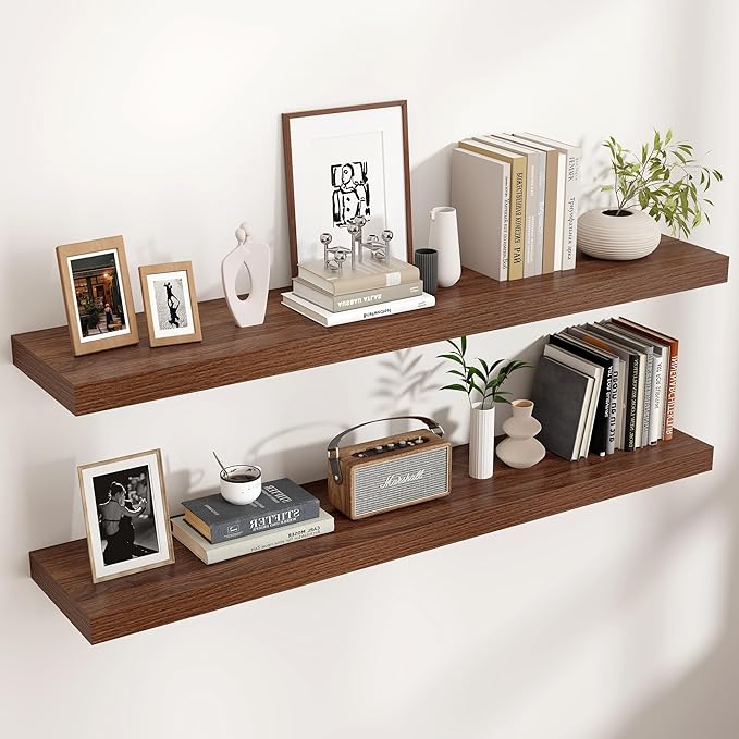 Venusmiles Floating Shelves for Wall, Engineered Wood Wall Shelves with Invisible Brackets for Living Room Bedroom Bathroom Office Kitchen Decor and Storage (Walnut, 48" W x 9" D x 1.5" H) Set of 2