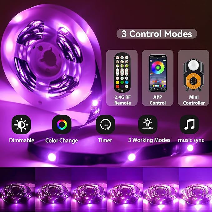 Motion Sensor LED Light Strip 19.68ft Under Bed Lights, RGB 3 Mode Motion Activated Bed Light with Music Sync and Timer, Dimmable Color Changing LED Lights Mother Day Gift