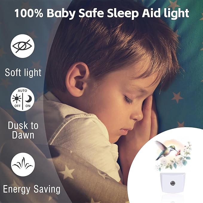 Groovy Hummingbird Flower Night Light for Kids, Watercolor Floral Bird Night Light Plug in with Dusk to Dawn Sensor, 0.5w Energy Saving Sleep Friendly Nightlight for Hallway Stairway Kitchen Bedroom