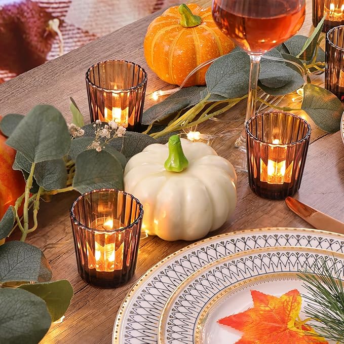 NITIME 24Pcs Vintage Ribbed Amber Votive Candle Holders, Fall Centerpieces for Tables, Tealight Candle Holder for Thanksgiving, Wedding Decor, Boho Home Decor and Christmas Decor
