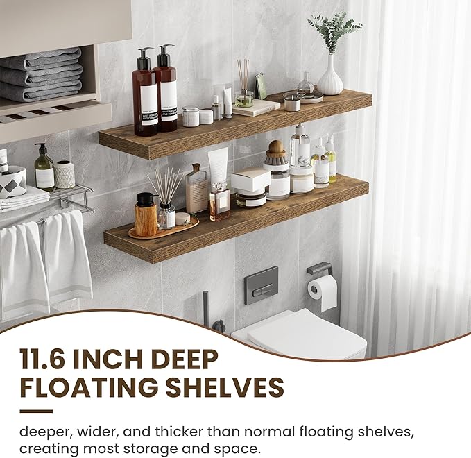 Acovy 48 Inch Floating Shelves, 12 Inch Deep Floating Shelves for Wall, Floating Shelf with Invisible Brackets, Deep Wall Shelves for Bathroom, Bedroom, Living Room, 1 Pack, Brown