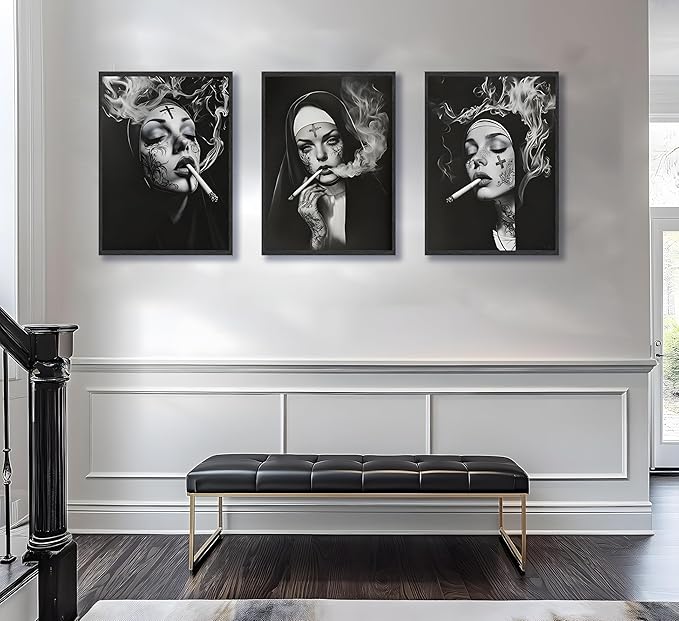 FJKLRP 3pcs Smoking Nun Wall Art Black and White Tattooed Woman Canvas Prints Poster Edgy Gothic Dark Aesthetic Wall Decor for Living Room Bedroom Studio Bar Unframed