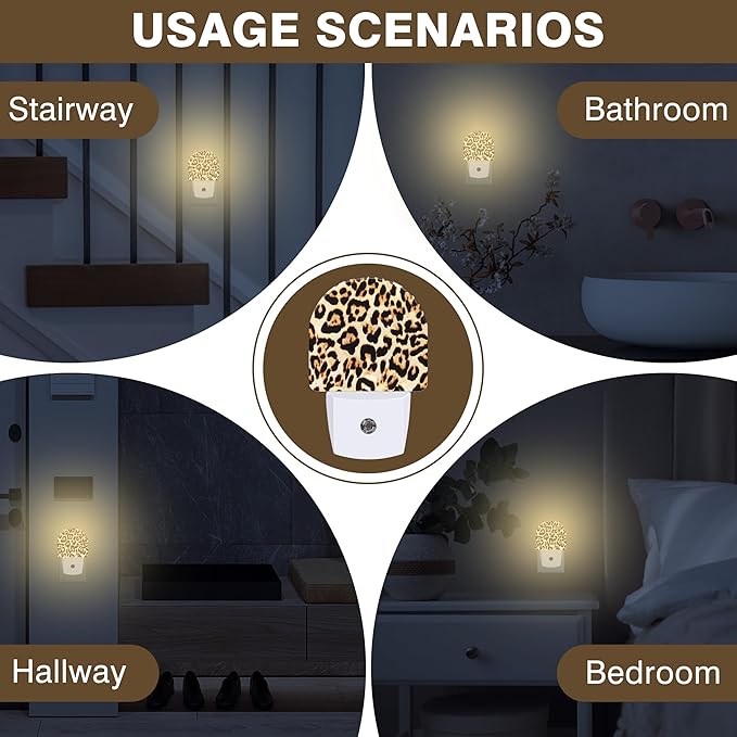 Cheetah Night Lights Plug into Wall Leopard Print Night Light Dusk to Dawn Smart Sensor Decorative Round Led Lamp for Bedroom Kitchen Hallway Nightlight for Women Men
