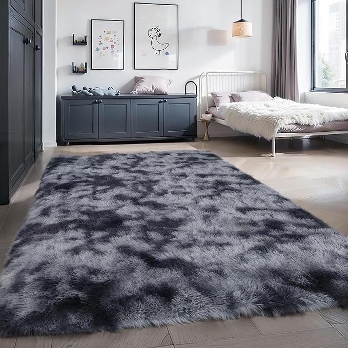 KICHOWUA 4x6 Dark Grey Fluffy Shag Rug for Bedroom, Soft Plush Fuzzy Washable Non Slip Floor Cozy Carpet for Living Room, Modern Comfy Furry Shaggy Area Rug for Kids Baby Nursery Dorm, Tie-Dye Gray