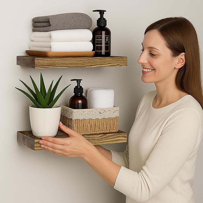 BGMG Wood Floating Shelves for wall 12 inch Set of 2, Rustic Wooden Wall Mount Shelves for Bathroom Living Room Bedroom Kitchen Farmhouse -12x 6.7 x1.25 inch- Walnut Color