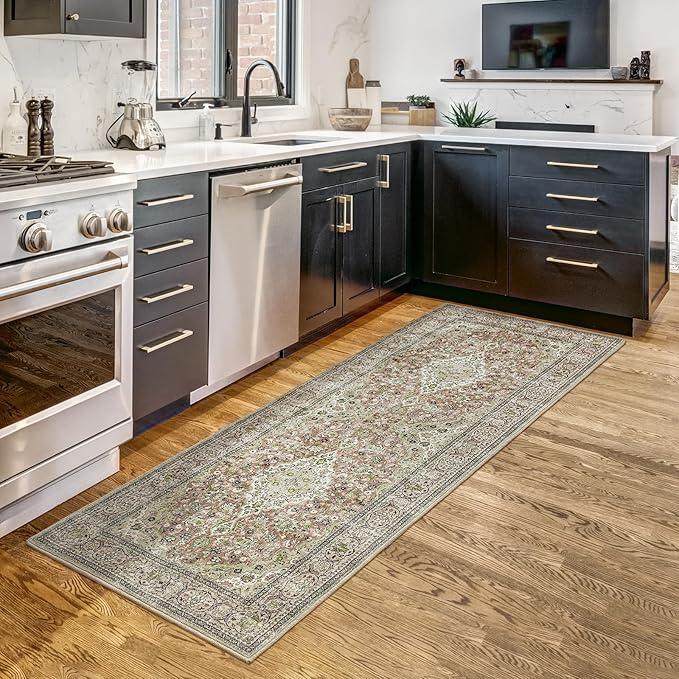 Goideal Washable Runner Rug 2x6, Sage Green Rugs Non Slip, Indoor Low Pile Carpet with Rubber Backing for Hallway Kitchen Bathroom Entryway Bedroom