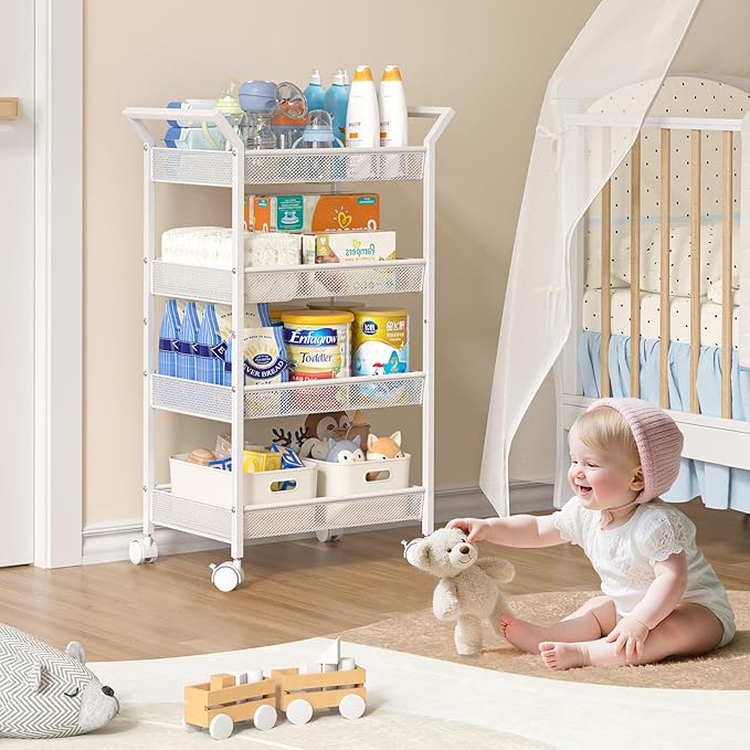 Baby Diaper Caddy Cart, 4-Tier Diaper Caddy Organizer and Storage, Rolling Utility Cart for Baby Supplies, Diaper Cart with Wheels for Bedroom, Nursery, Changing Table, White