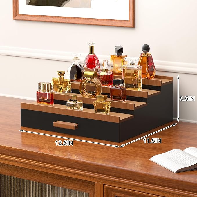 Vdamu Cologne Organizer for Men,4 Tier of Elevated Cologne Display Stand with Drawer Storage,Wood Cologne Display,Perfume Organizer and Storage Display Risers,Great Gift for Men (Black Walnut)