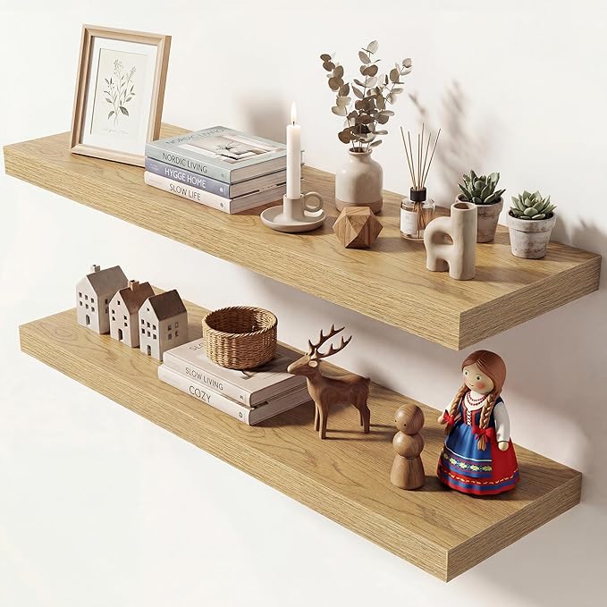 Dreamland 36 Inches Floating Shelves for Wall, 9.3" Deep Long Floating Shelves Set of 2, Large Display & Storage Shelf, Wall Shelf for Bathroom Bedroom Living Room Kitchen Office, Oak