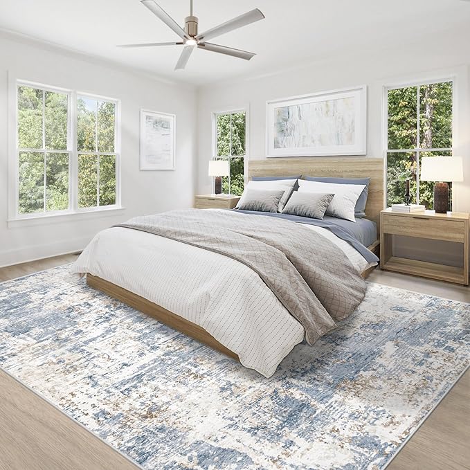 XLUEZ 8x10 Area Rugs for Living Room, Washable Modern Abstract Large Area Rug Neutral Soft Non Slip Kids Rug Stain Resistant Indoor Carpet for Bedroom Nursery Dining Children's Room(Blue, 8'x10')